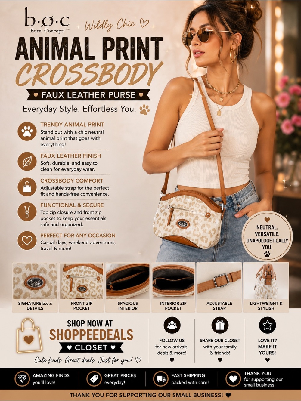 b.o.c Animal Print Faux Leather Crossbody/Shoulder Purse